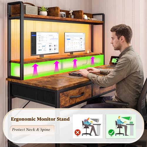 39.4" Office Desk with Hutch&Drawers,Monitor Stand, LED Lights, view 5