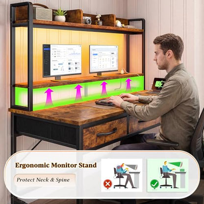 39.4" Office Desk with Hutch&Drawers,Monitor Stand, LED Lights, view 5