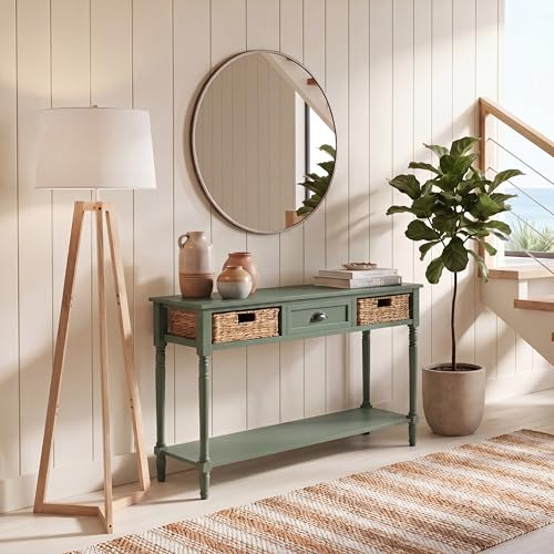 SAFAVIEH Home Collection - Christa Entryway Console Table, Dusty Green Solid Wood 3-Drawer Storage Sofa Table with Rattan Baskets (AMH5737J)