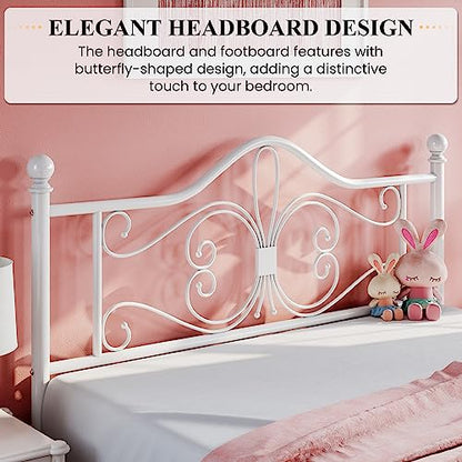 Full Size Metal Bed Frame with Butterfly Headboard, White, view 5