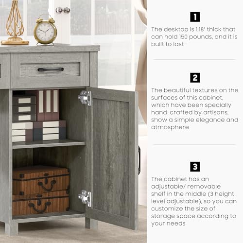 Farmhouse 61'' Executive Desk with 5 Drawers, Rustic Office Desk Computer Desk with Charging Station, File Drawers and Storage Cabinet, Wood Workstation for Home Office and Study, Gray