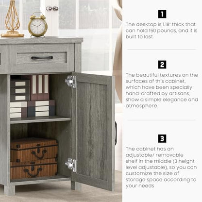 Farmhouse 61'' Executive Desk with 5 Drawers, Rustic Office Desk Computer Desk with Charging Station, File Drawers and Storage Cabinet, Wood Workstation for Home Office and Study, Gray