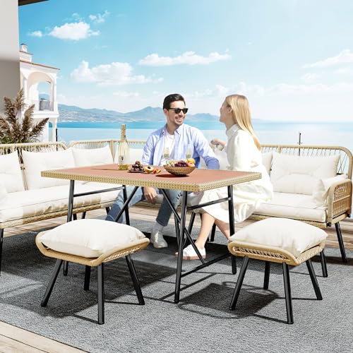 Patio Wicker L-Shaped Furniture Set, All-Weather Rattan Outdoor Conversation Sofa Set for Backyard Deck with Soft Cushions,Ottomans and Plastic Wood Dining Table (Light Brown+Beige)