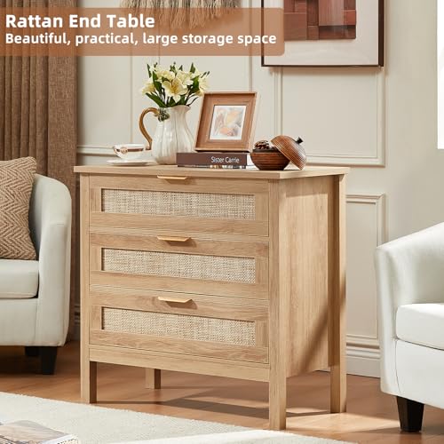 26.8" Wide Rattan Nightstand, Large Boho 3 Drawer Night Stand, Natural Wood Bedside Table with Storage, Tall Bed Side End Tables for Bedroom, Living Room, Hallway