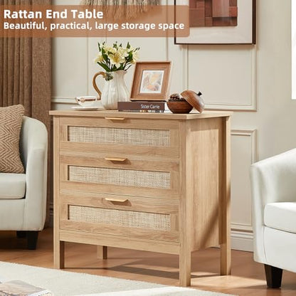 26.8" Wide Rattan Nightstand, Large Boho 3 Drawer Night Stand, Natural Wood Bedside Table with Storage, Tall Bed Side End Tables for Bedroom, Living Room, Hallway