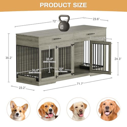 72" Double Dog Crate Furniture for Medium Large Dogs, Grey, view 3