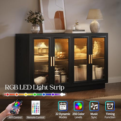 55.1" Sideboard Buffet Cabinet with Storage - LED Sideboard Cabinet, Black, view 4