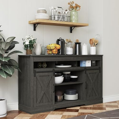 Farmhouse TV Stand for 65+ Inch TV, 34'' Tall Entertainment Center with Sliding Barn Doors, Rustic Wood Media Console Storage Cabinet Television Stand for Living Room, Bedroom (Dark Grey)