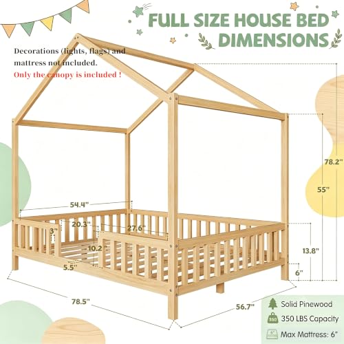 Full Montessori House Bed with High Rails & Canopy for Kids, Natural, view 3