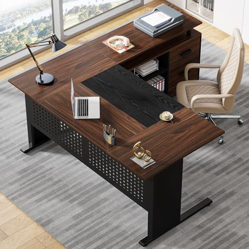 Tribesigns 63 Inch Executive Desk with File Cabinet, L Shaped Office Desk, view 5