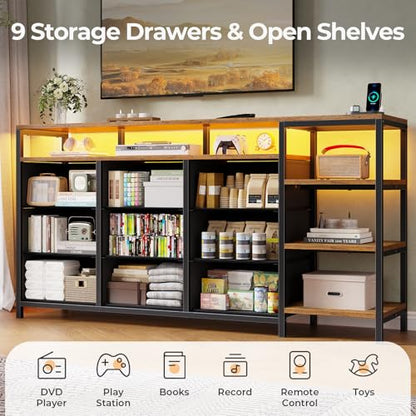 TV Stand for 60 Inches, Dresser With Charging Station & LED Lights, 9 Fabric Drawers, Entertainment Center and Industrial Console Table With Open Shelves for Living Room, Bedroom, Rustic Brown