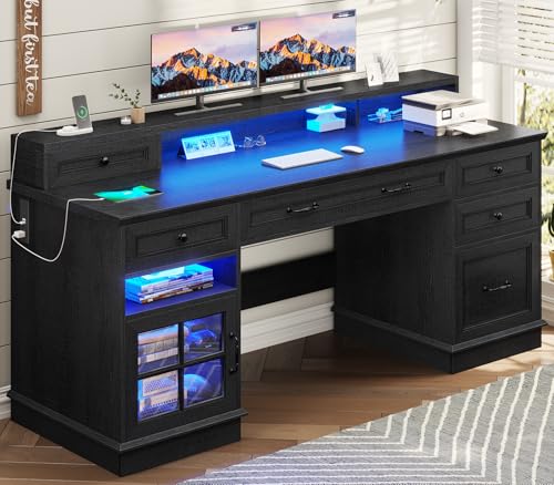 59.1" Executive Desk with File Drawer, Home Office Desk with Charging Station & LED Lights, Computer Desk with Drawers & Storage Cabinet, Executive Office Desk with Monitor Stand, Black
