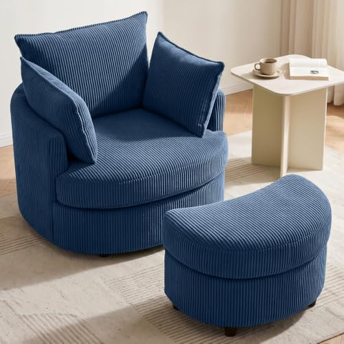 Vanity Accent Chair Swivel Living Room Chairs Curve Back Reading Chair with Armrest, Lounge Chair with Ottoman for Bedroom