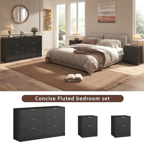 3-Piece Modern Bedroom Furniture Set, Wide 6-Drawer Dresser & 2-Drawer Nightstands Set of 2, Natural Wood Dresser and Nightstand Sets for Bedroom, Hallway, Black