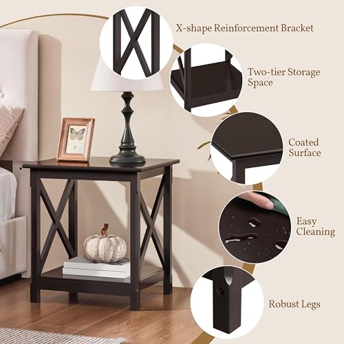 Yaheetech X-Design End Tables Set of 2, Sofa Side Table with Storage Shelf, 2 Tier Side Stand Small Table for Living Room Sofa Study, Easy Assembly, Dark Coffee