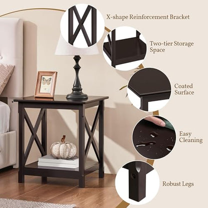 Yaheetech X-Design End Tables Set of 2, Sofa Side Table with Storage Shelf, 2 Tier Side Stand Small Table for Living Room Sofa Study, Easy Assembly, Dark Coffee