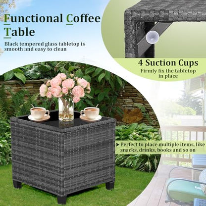 3 Piece Patio Furniture Set, Wicker Bistro Conversation Set w/2 Cushioned Armchairs & Glass Topped Table, Outdoor Rattan Sofa Set Patio Furniture for Porch Balcony Poolside (Grey-Black)
