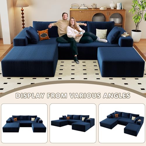 96" Cloud Sectional Couch with U-Shaped Chaise, Corduroy Sectional Sofa with Ottoman, Boneless Couch with Deep Seat in a Box for Living Room, No Assembly Required (Blue, Left Facing Chaise)