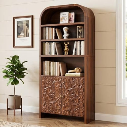 70" Tall Arched Bookcase, 6-Tier Bookshelf with Floral Storage (Walnut), view 2