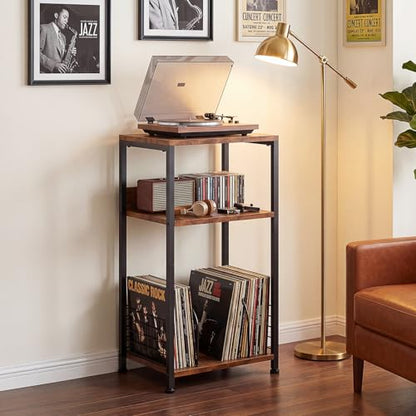Record Player Stand, Brown, 3-Tier Vinyl Storage, view 2