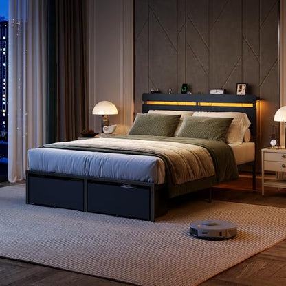 Full Size Bed Frame with Wood Headboard,2 Storage Drawers & Shelf, view 4