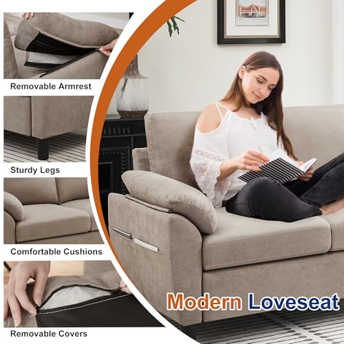 4 PCS Living Room Furniture Set, 3 Seat Couch & Loveseat & Armchair with Storage Ottoman, Modern Couch Set with Side Pockets, Couches for Living Room (3+2+1 Seat/Beige)