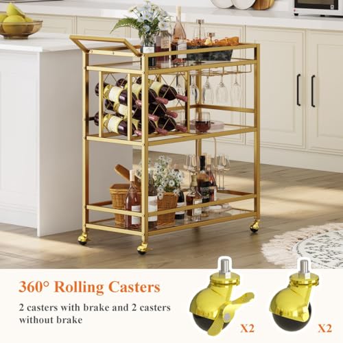 Bar Cart Gold, Home Bar Serving Cart with Wine Rack and Glasses Holder, view 6