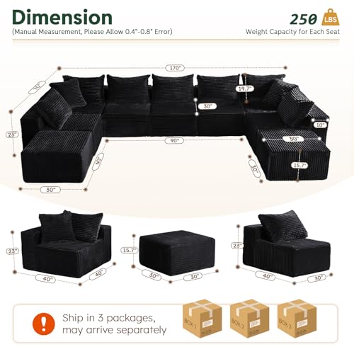 Sleeper Sofa 9 Seater Boneless Couch Modular Sectional Sofa | Cloud Couch Sectional Couches for Living Room, U Shaped Couches with Ottomans No Assembly Required, Black