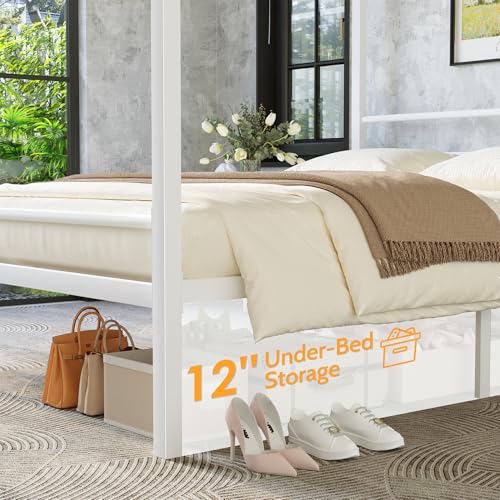 Full Size Canopy Bed, Four Poster Metal Frame, White, view 6