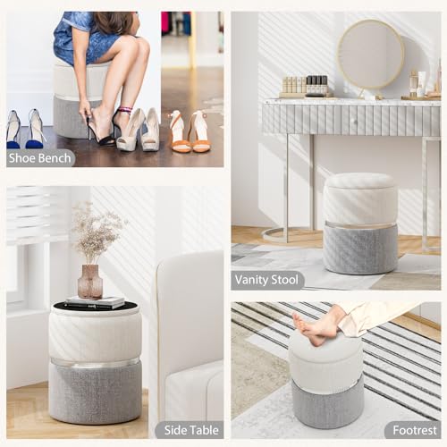 Ottoman with Storage - Set of 2 Storage Ottomans, 1 Large & 1 Small Nesting Ottoman Side Table, Upholstered Linen Round Foot Rest Vanity Stool for Bedroom Living Room (Gray)