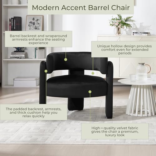 Barrel Accent Chair, Mid Century Modern Upholstered Living Room Chairs with Wooden Legs, Comfy Velvet Reading Arm Chair for Bedroom, Makeup Room, Black