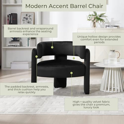 Barrel Accent Chair, Mid Century Modern Upholstered Living Room Chairs with Wooden Legs, Comfy Velvet Reading Arm Chair for Bedroom, Makeup Room, Black