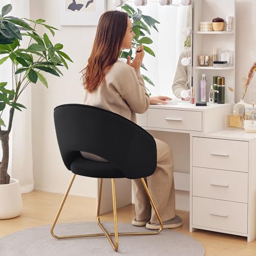 Velvet Accent Chair for Living Room, Comfortable Upholstered Barrel Vanity Chair with Back, Mid Century Black Makeup Chair with Gold Legs (Black)