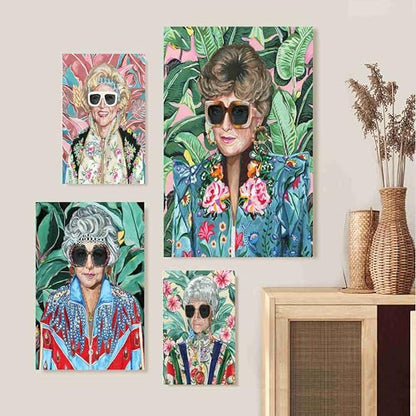 80s Artwork Fashion Golden Wall Art Girls Poster Sophia Petrillo With Sunglasses Poster For Woman Room Decor Estelle Getty Tropical Canvas Prints (L24"xW16"-WoodFrame Ready to Hang) Painting For Girl Dorm Home Decor