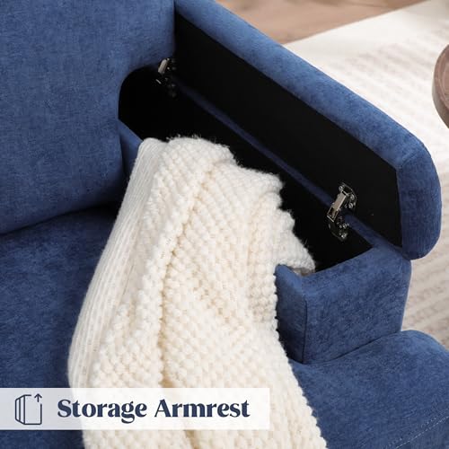 Accent Chair with Storage Armrest, Modern Upholstered Reading Living Room Chairs, Comfy Large Armchair, Fabric Single Sofa Chair for Bedroom (Blue)