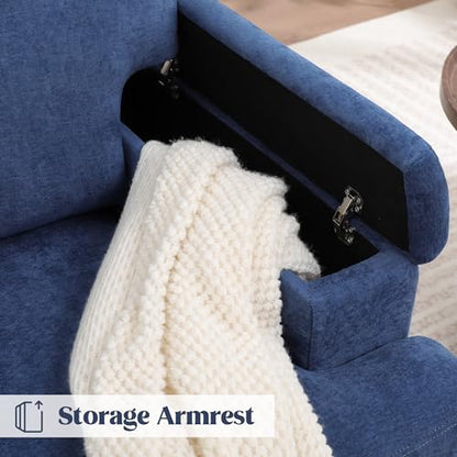 Accent Chair with Storage Armrest, Modern Upholstered Reading Living Room Chairs, Comfy Large Armchair, Fabric Single Sofa Chair for Bedroom (Blue)