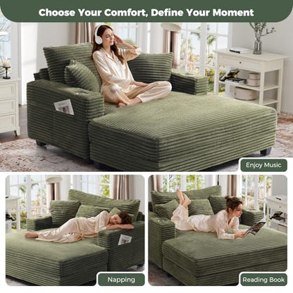 60" Oversized Chaise Lounge Chair with Wood Frame, USB Charging Port, Green, view 5