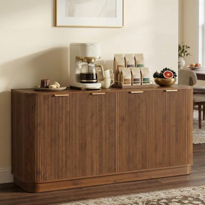 63" Fluted Sideboard Cabinet, 4 Doors, TV Stand Console, Walnut, view 2
