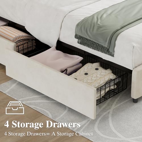 King Size Bed Frame with 4 Storage Drawers, Adjustable Height Headboard, view 6