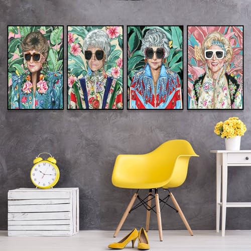80s Artwork Fashion Golden Wall Art Girls Poster Sophia Petrillo With Sunglasses Poster For Woman Room Decor Estelle Getty Tropical Canvas Prints (L24"xW16"-WoodFrame Ready to Hang) Painting For Girl Dorm Home Decor