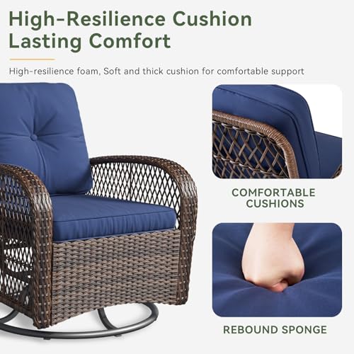 3 Pieces Patio Furniture Set, Patio Swivel Rocker Chairs Set of 2, Wicker Outdoor Bistro Set with Rocking Chair, Thickened Cushions and Table for Porch (Blue)