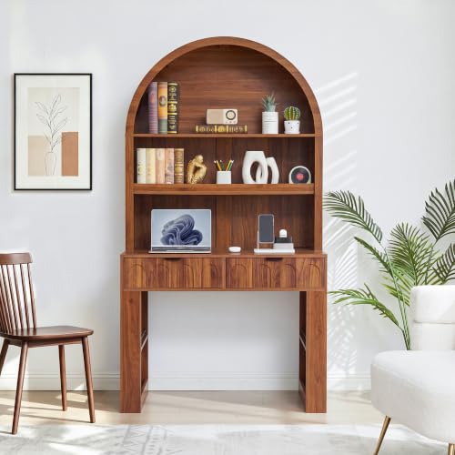 Arched Office Desk with Hutch, Walnut, Desktop 39.4" Wx 19.7" D, view 4
