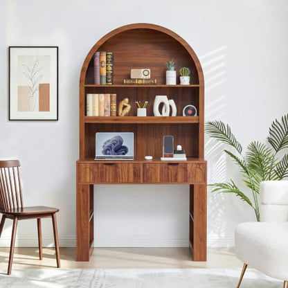 Arched Office Desk with Hutch, Walnut, Desktop 39.4" Wx 19.7" D, view 4