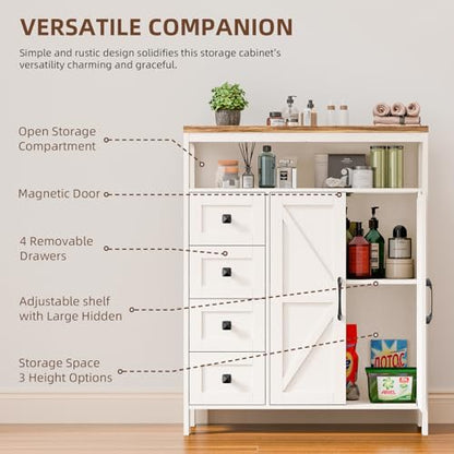 Farmhouse Storage Cabinet with 2 Doors and 4 Drawers, Freestanding Bathroom Cabinet Kitchen Pantry, Floor Storage Cabinets Hutch Cupboard for Kitchen/Living Room/Bathroom （Unique White）