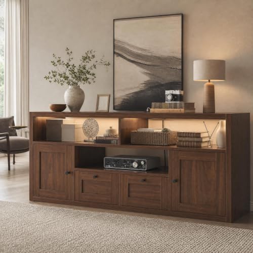 TV Stand for TVs up to 65", Walnut Entertainment Center with LED, view 4