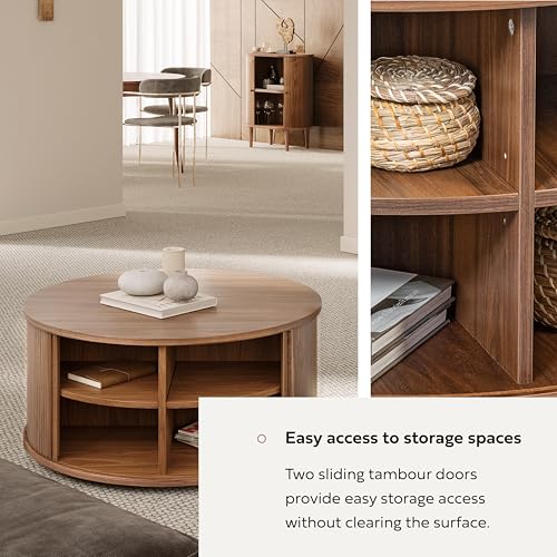 35'' Round Coffee Table with Storage and Shelves - Round Center Table for Living Room and Office. Wood Mid Century Modern Coffee Tables for Living Room (Walnut)