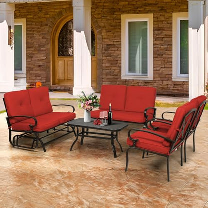 5-Piece Outdoor Metal Furniture Sets Patio Conversation Set Wrought Iron Glider, 2 Single Chairs, Loveseat and Coffee Table, Red