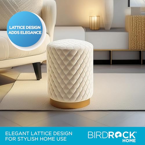 Velvet Round Ottoman Foot Stool with Lattice Design and Gold Trim - Soft, Padded Foot Rest for Living Room or Bedroom – Decorative Foot Ottoman for Chair, Rocking Chair or Couch (Cream)