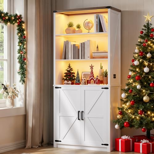 Farmhouse 5-Tier Bookshelf with Doors and 3-Color LED Lights, view 2