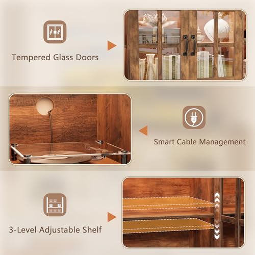 Farmhouse TV Stand, 58 Inch TV Stand for Living Room with Glass Doors, Fast Charge USB Hub & Adjustable LED Lights, Rustic TV Cabinet for TV up to 65 inch (Rustic Brown)